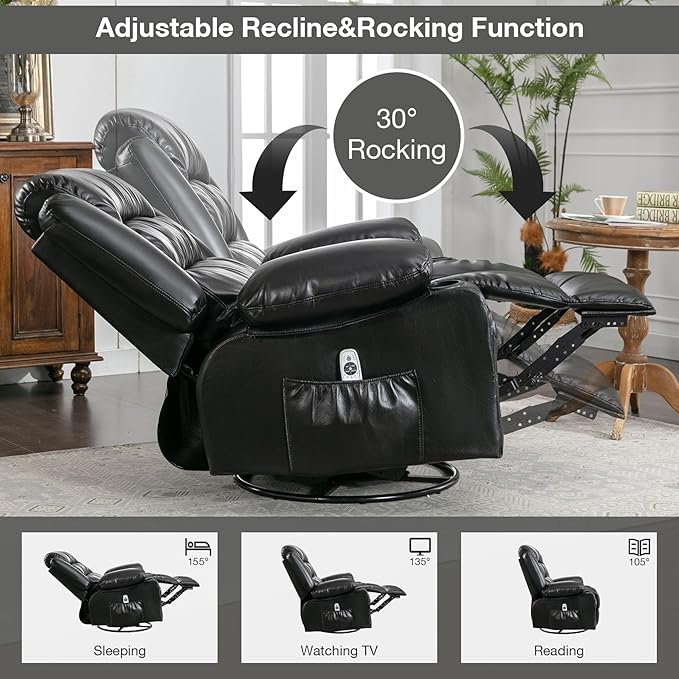 Electric Recliner Chairs for Adults Massage Recliner Chair with Heat 360 Swivel Recliners Chair for Living Room with 2 Cup Holders &amp USB Charge Port Rocking Function and Side Pocket (Black)