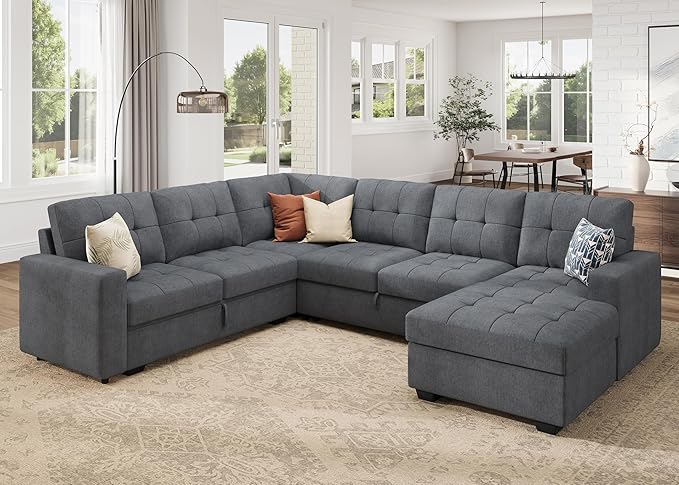 HONBAY Sectional Sleeper Sofa Sleeper Sofa Couch with Storage Chaise Sectional Couch with Pullout Bed for Living Room Bluish Grey