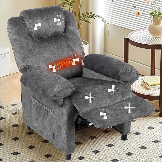 Pushback Massage Recliner Chairs with Heat for Adult Mid-Century Heated Fabric Reclining Chair Small Manual Recliner Chair for Small Places Grey