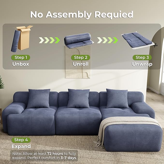 LIKIMIO 118 Modular Sectional Sofa with Ottoman L-Shaped Boneless Couch with Deep Seat for Living Room Corduroy Upholstery No Assembly Required Navy Blue