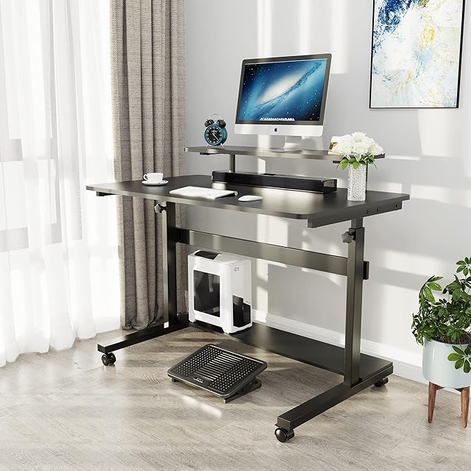 Eureka Ergonomic Height Adjustable Computer Desk Rolling Sit Stand Desk for Home Office with Hutch CPU Stand &amp Lockable Wheels 41 inch-Black