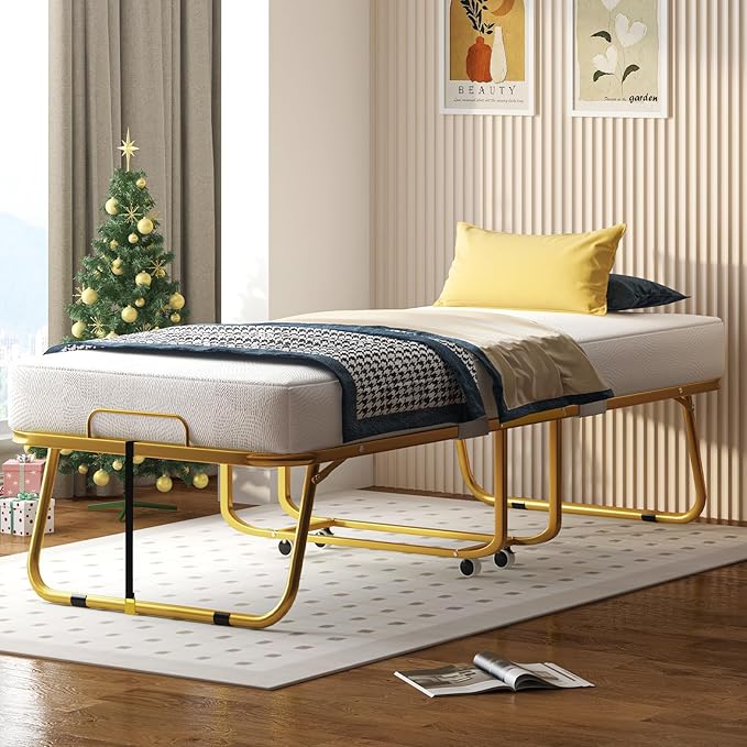 PUREMIND Folding Bed with Mattress for Adults 75”L x 46”W Portable Foldable Beds with Metal Bed Frame Single Portable Roll Away Guest Beds for Bedroom Living Room Office