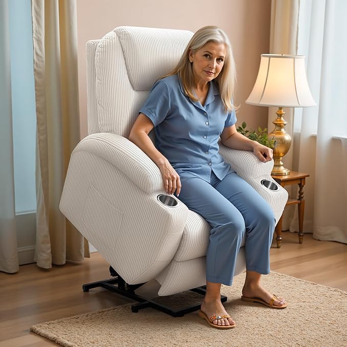 Flamaker Power Lift Recliner Chair Electric Lift Recliner for Elderly Power Lift Recliner Chair with Cup Holders Side Pockets for Living Room (Corduroy Beige)