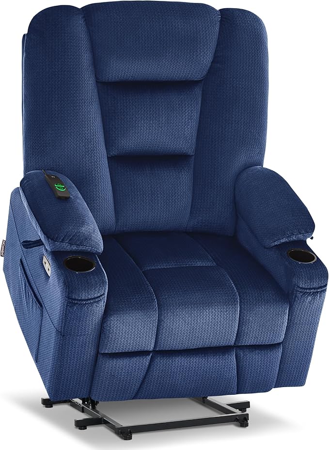 MCombo Oversized Power Lift Recliner Chair with Massage and Heat for Big and Tall Elderly People Cup Holders USB Ports Side Pockets Fabric R7541 (Navy Blue Large-Oversize)