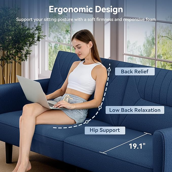 Futon Sofa Bed75.8 Linen Fabric Comfy Futon Couch Bed3 Seater Convertible Sleeper Sofa with Adjustable BackrestsModern Folding Loveseat for Living RoomOfficeApartmentBedroomBlue