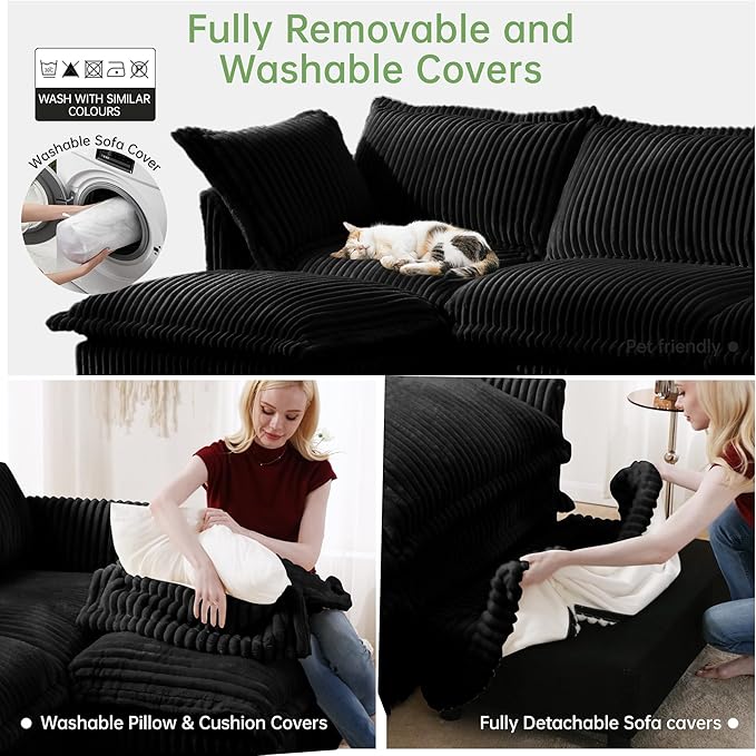 Modular Accent Armchair with Ottoman and Pillows Soft Corduroy Lounge Chair for Living Room Bedroom or Reading Nook – Oversized Chaise Lounge Design (Black Single Chair)