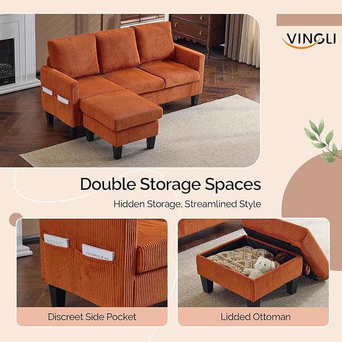 VINGLI 68.5' L Shaped Couch with Movable Storage Ottoman Convertible Sectional Sofa in Soft Corduroy Fabric Modern Reversible Chaise Couch for Small Spaces Apartment Living RoomOrange