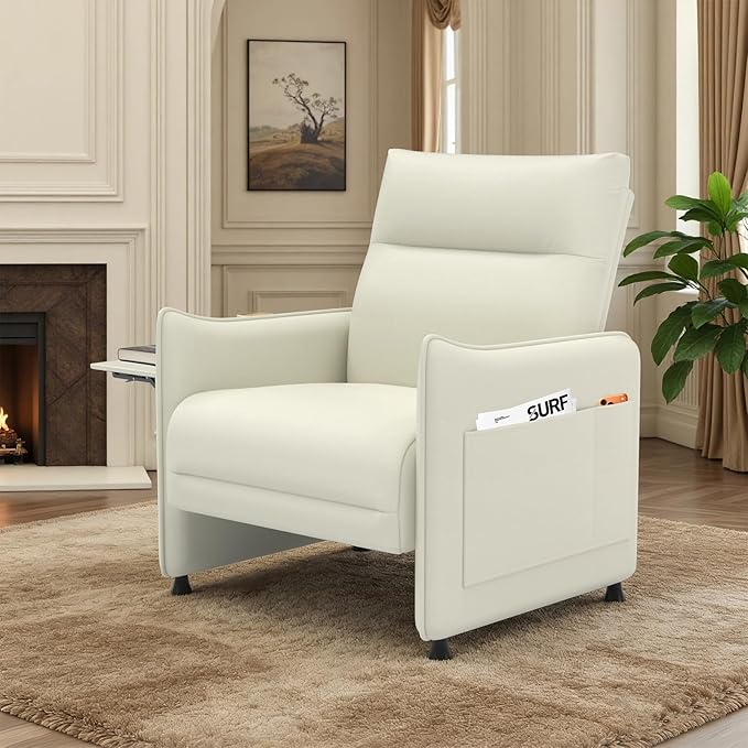 Faux Leather Accent Chair Sofa for Living Room with Flip-Up Tray Table Side Pocket Ergonomic Soft Backrest &amp Elastic CushionBeige