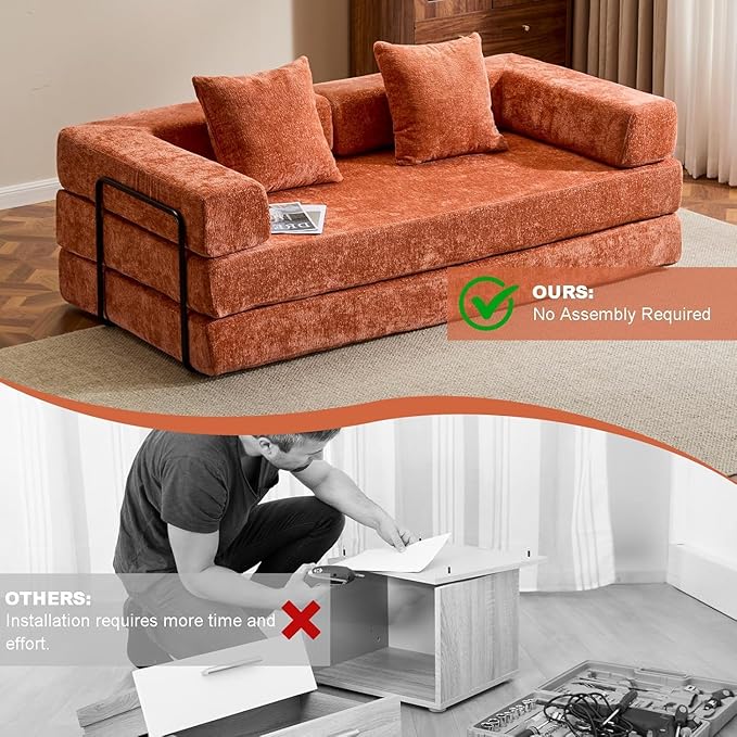 Convertible Sleeper Sofa Bed Compression Folding Sofa with Pillow No Assembly Required Shape Frame Floor Sofas Lounge Couch for Living Room Bedroom Small Spaces (Chenille 77''W Orange)