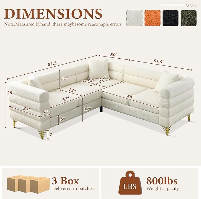 L-Shaped Sectional Couch 81.5 Oversized Corner Sofa Teddy Boucle Comfy Cloud Modern Upholstered Deep Seat Set with Stylish Metal Legs for Living Room Home OfficeApartment White