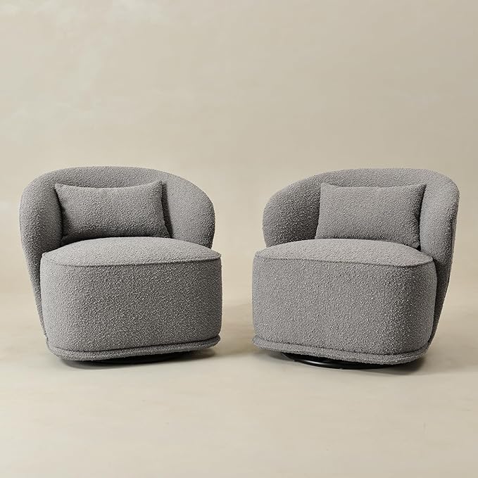 KINWELL 33 W Mid Century Modern Swivel Barrel Chair Set of 2 Upholstered Boucle Swivel Accent Chairs No Assembly Sofa Chair with Toss Pillow for Living Room Bedroom Reading Nursery (Light Gray)