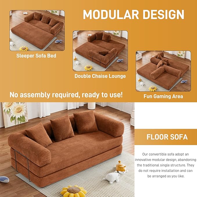 Convertible Sofa Bed Corduroy Memory Foam Compression Sofa Modular Floor Sofa with Pull-Out Bed Compressed Couch in Box Folding Sleeper Couches Bed for Living Room Bedroom Lounge Orange