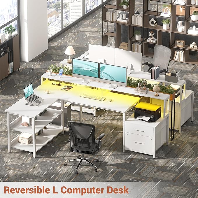 Aheaplus L Shaped Desk with File Drawer 66 Reversible L Shaped Computer Desk with Power Outlet &amp LED Strip Gaming Desk with Long Monitor Stand Office Desk Corner Desk with Storage Shelf White
