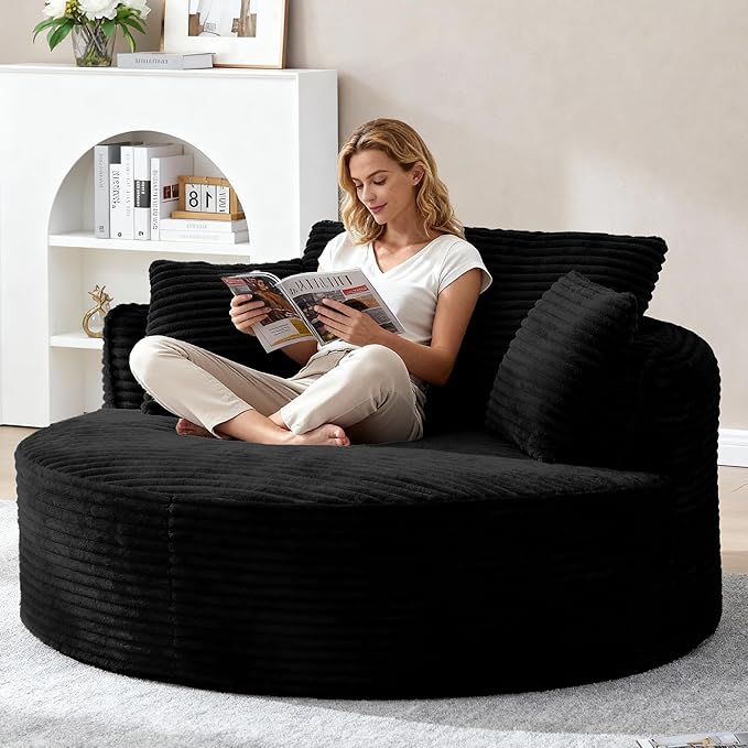 Oversized Round Chair Lounge Chaise Indoor 53.5 Corduroy Boneless Round Chair Fluffy Single Deep Seat Cloud Sofa Chairs Modern Circle Chaise Lounge for Bedroom Living Room Black