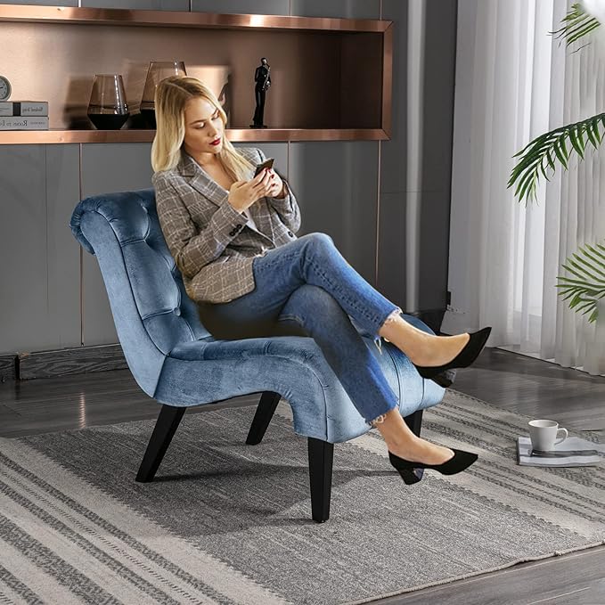 KINFFICT Velvet Accent Lounge Chair for Living Room Modern Leisure Chair with Tufted Backrest Indoor Armless Side Chair Upholstered Bedroom Sleeper Chairs with Solid Wood Legs