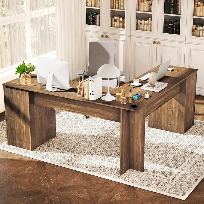 Tangkula 66” x 66” L-Shaped Office Desk with Power Outlets Modern Home Office Computer Desk with 2 Drawers Cabinet Adjustable Shelf &amp Keyboard Tray Corner Executive Desk for Working Writing