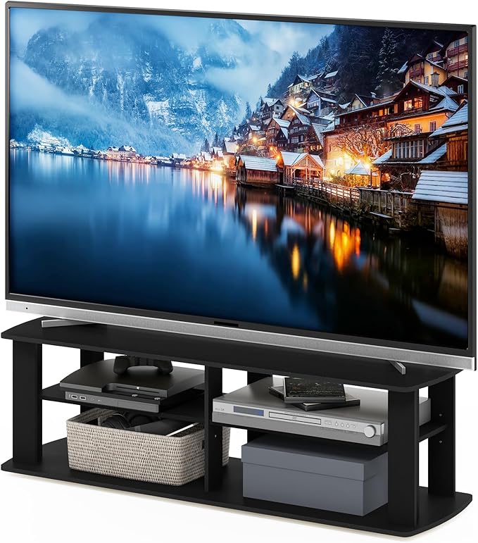 Furinno NELLY TV Stand 3-Tier Entertainment Center with Open Shelves Storage TV Console for TV up to 50 Inch Soft Edges for Living Room Bedroom Black