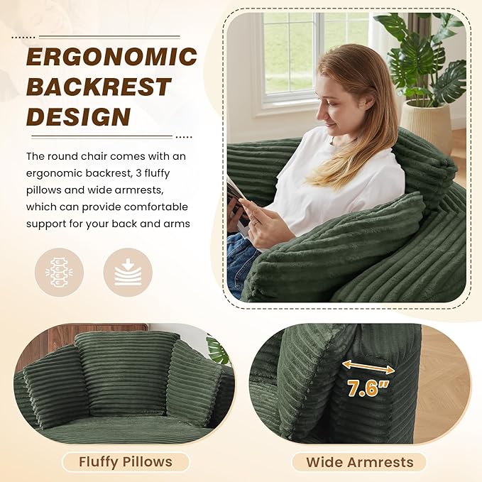 48W Oversized Round Chaise Longue Chair IndoorCorduroy Fluffy Comfy Cloud ChairCircle Bean Bag Sofa with Foam Filling &amp PillowsBoneless Reading Cozy Sofa Chairs for Living RoomBedroomGreen