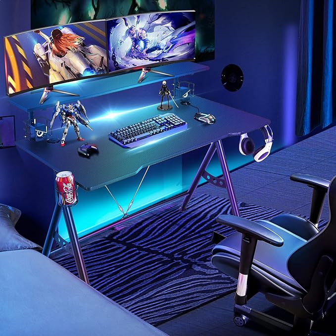 POWERSTONE Ergonomic Computer Gaming Desk Workstation Two Tier Work Writing Table for Home Office with Storage for Monitor Headphone Controller and Speaker Black