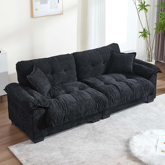 90.55 Black Loveseat Sofa for Living Room Cloud Couch Deep Sectional Sofa for Small Spaces 2 Seater Small Loveseat with Wide Armrest Pillows Comfy Sleeper Sofa Bed Black