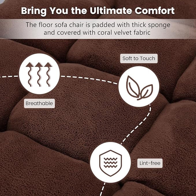Moccha 14-Position Floor Chair Folding Sofa Chair with Back Support Memory Foam Floor Gaming Chairs for Adults Adjustable Padded Couch Recliner Sleeper Bed for Reading Meditating Brown