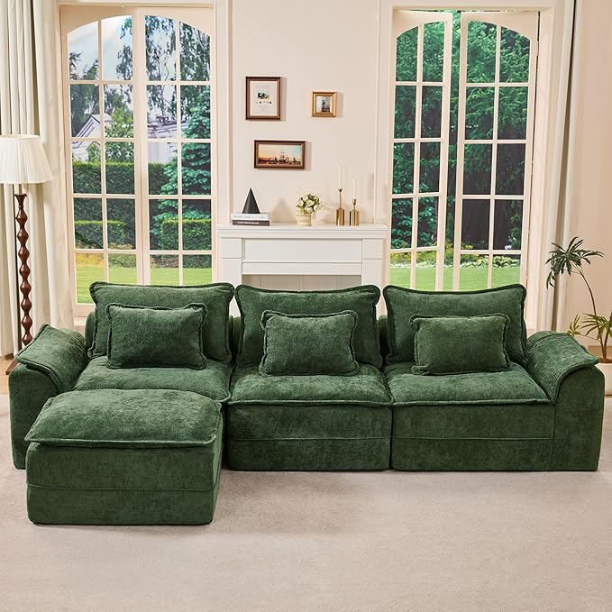 Hobestluk 120 Cloud Modular Sectional Couch 3-Seater Sofa with Ottoman L Shaped Sofa with Removable Cover Large Sofa Couch for Living Room (Green 3-Seater Sofa with One Ottoman)
