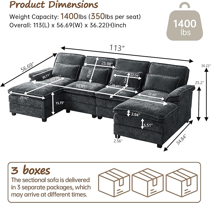 113 U Shaped Sectional Sofa Comfy Cloud Couch Chenille Sofa Sleeper Deep Seat Sofa with 4 Throw Pillows 4-Seater Double-Layer Modern Sofa for Living Room Dark Grey