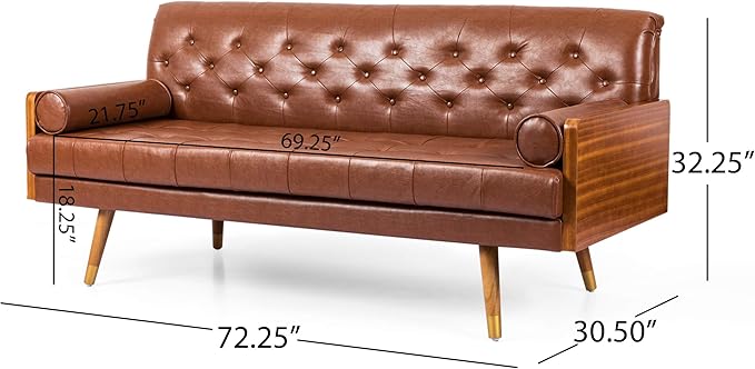 Christopher Knight Home Adelaide Mid-Century Modern Tufted Sofa with Rolled Accent Pillows Cognac Brown Dark Walnut and Gold