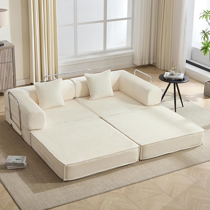 78 Convertible Sleeper Sofa Bed Modular Corduroy Couch with 2 Pillows Compressed Floor Sofa for Living Room Bedroom (Beige)