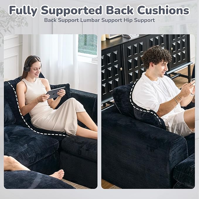 108 Cloud Sectional Couches for Living Room Convertible L-Shape Boneless Couch with Ottoman 3 Seater Modular Cloud Sofa with Deep Seat (Black 3 Seater + 1 Ottoman)