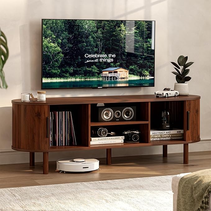 TV Stand for TVs up to 60 Inch Entertainment Center with Sliding Doors and Adjustable Shelf Modern TV Console with Storage for Living Room Bedroom Walnut