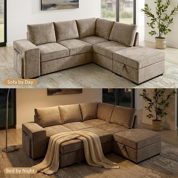 VANOMi 94 Sectional Sleeper Sofa with Pull Out Couch Comfy 6 Seater L Shaped Modular Sofa with Storage Ottoman Modern Convertible Chenille Cloud Couches for Living Room Apartment Camel