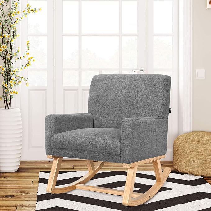 Giantex Upholstered Rocking Chair with Fabric Padded Seat and Solid Wood Base Comfortable Rocker for Living Room Bedroom Study Room Office Rocking Armchair (Gray)