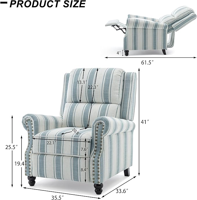 Recliner Chair Modern Pushback Armchair with Adjustable Backrest &amp Footrest for Bedroom Living Room (Blue StripeSet of 2)