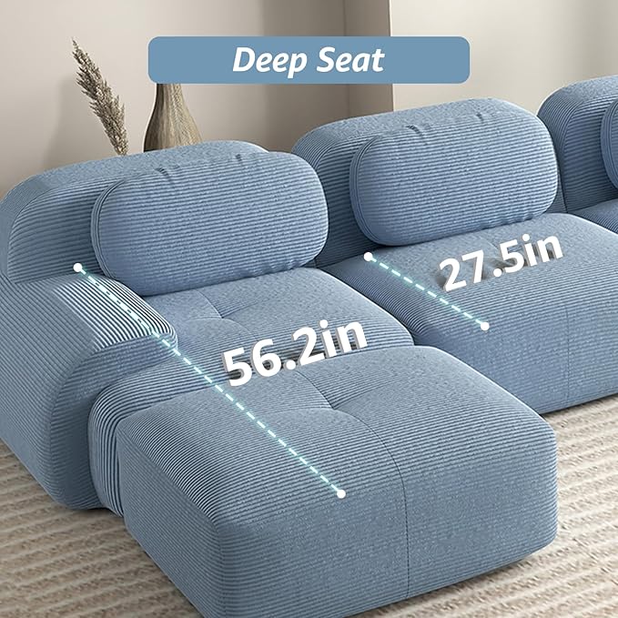 116 Modern Boneless Couches for Living Room Corduroy Cloud Couch Sectional with Deep Seat Blue Modular Sectional Sofa 3 Seater Couch for Living Room Sofas para Sala (Blue 3 Seater)