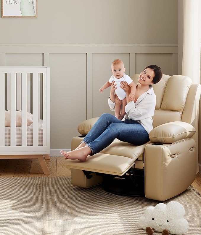 Garvee Oversized Extra Wide Recliner Chair Manual Recliner for Adults Faux PU Leather Chair with 1.5X Sponge Filling for Nursery Living Room Bedroom Creamy