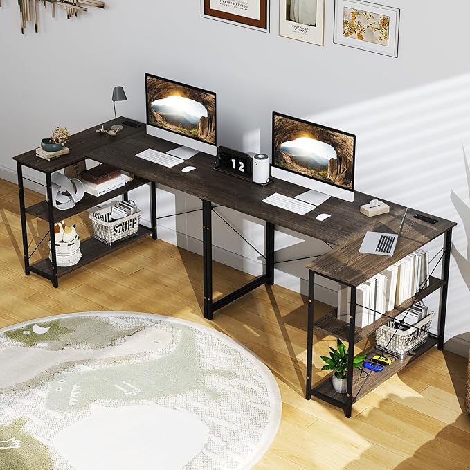 Giantex L Shaped Desk with Charging Station 47 Inch Reversible Computer Desk with Adjustable Storage Shelves &amp Metal Frame Modern Corner Desk for Home Office Studying Writing Gaming (Grey Oak)