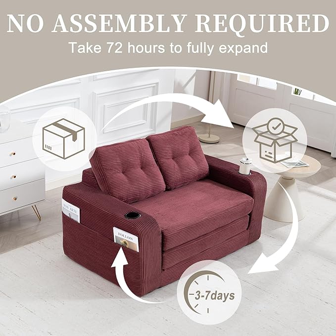 53'' Folding Sofa Bed Boneless Loveseat Sleeper Sofa 2 in 1 Convertible Foldable Pull Out Sofa Bed with Pillows Comfy Cloud Floor Couch for Living Room Small Space No Assembly(Wine Red)