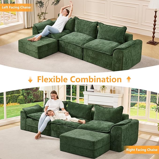 Hobestluk 120 Cloud Modular Sectional Couch 3-Seater Sofa with Ottoman L Shaped Sofa with Removable Cover Large Sofa Couch for Living Room (Green 3-Seater Sofa with One Ottoman)