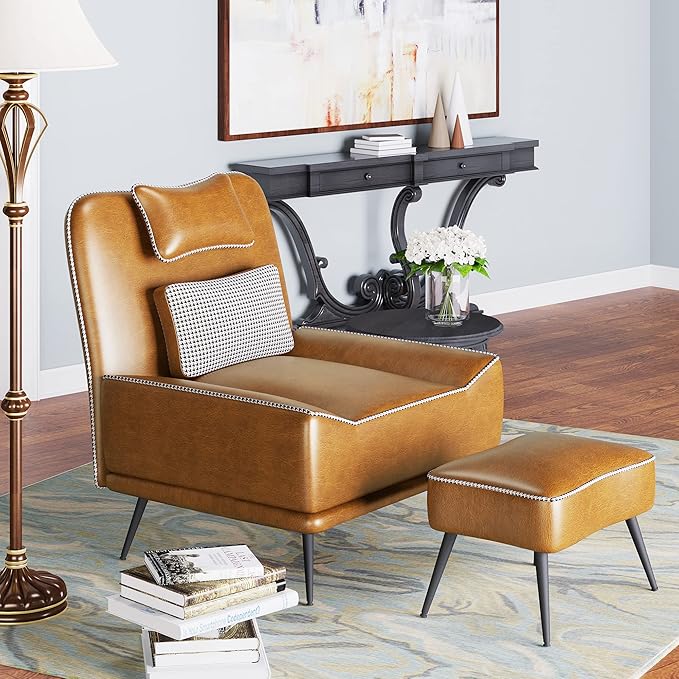Yongqiang 35 Accent Chair with Ottoman Mid Century Modern Upholstered Faux Leather Chairs for Living Room Bedroom Lounge Chair Armless Sofa Chair and Ottoman Brown