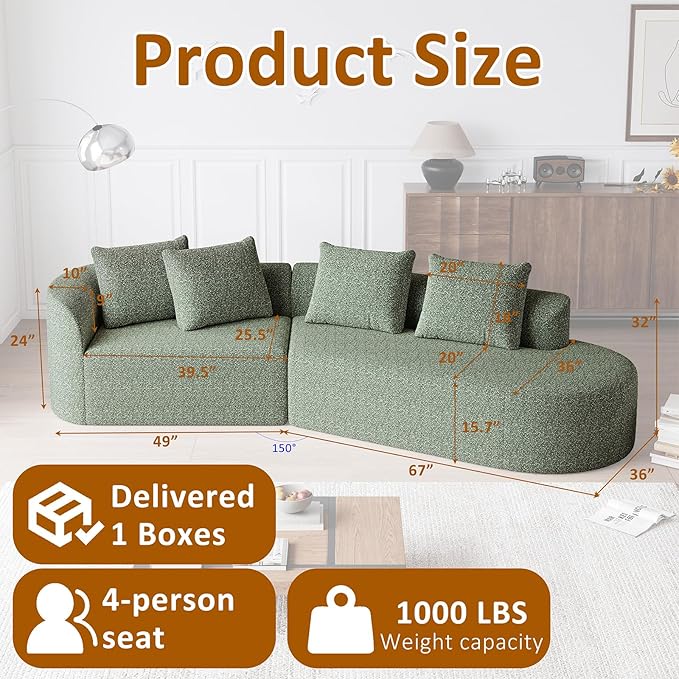 112-inch Curved Sofa Modular Sectional Modern Oversized Chenille Cloud Memory Foam Compression Boneless Sofa Couch with 4 Pillows for Living Room Bedroom Office Right Facing Chaise Green