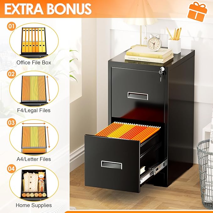 INTERGREAT 2 Drawers File Cabinet with Lock 18 D Metal Black Vertical Filing Cabinet for Hanging Folders Easy Assemble