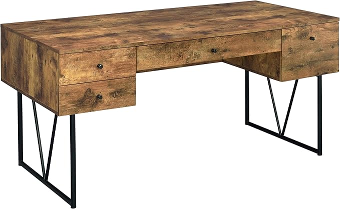 BOWERY HILL Farmhouse Wood Writing Desk 63 W Antique Nutmeg Finish Black Metal Base 4 Drawers with Full Extension Glides Rustic Industrial Office Desk for Home Workspace or Study