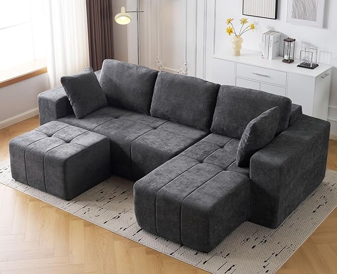 Square Stuffed Pouf OttomanChenille Poufs with Foam Chunk Filling27.9 X 16.1 Floor Poufs for SofaAccent Foot Rest Stool for Living RoomBedroomGrey