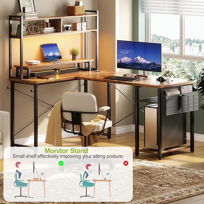 Small L Shaped Gaming Desk with Power Outlets 48 Reversible L Shaped LED Computer Desk with Monitor Stand &amp Storage Shelf Corner Gamer Desk Home Office Desk with Storage Bag Rustic Brown