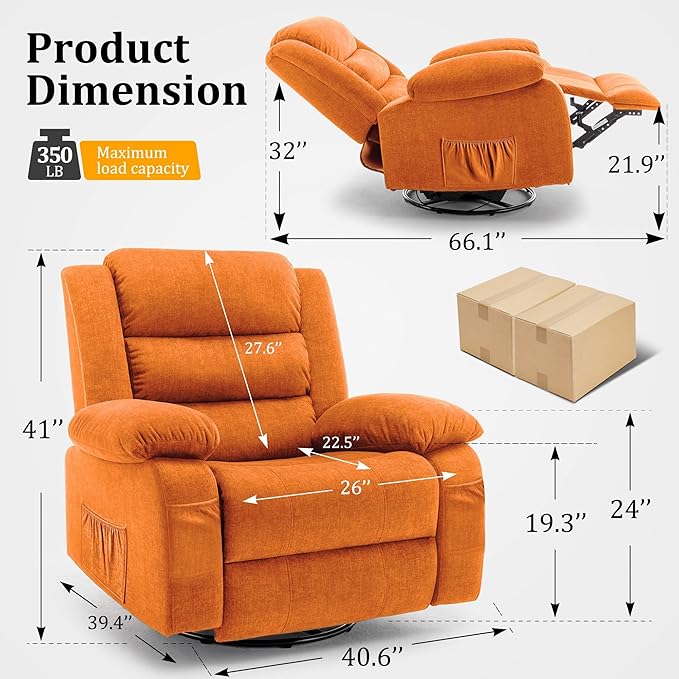 Recliner Chair Wide Rocker Chair Rocking Chair with Massage and Heat360°Swivel Nursery Rocking Chairs Oversized Recliner for Adults Cashmere Reclining Sofa for Living Room Orange