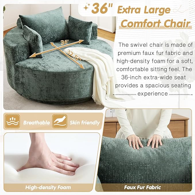 55 W Oversized Round Swivel Accent Barrel Chair360 Degree Chenille Upholstered Comfy Chaise Lounge Chair IndoorModern Deep Seat Single Sofa Armchair for Living RoomBedroomOffice(Green)