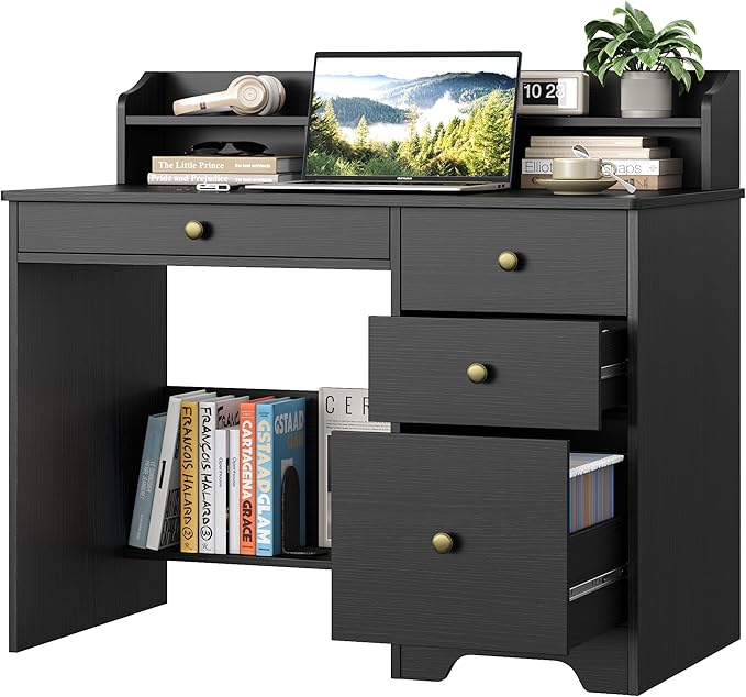 TTVIEW Computer Desk with Drawers and Hutch Shelf Wood Executive Desk Writing Study Table with 43” Wide Tabletop Small Desk with File Drawer for Home Office Bedroom Black