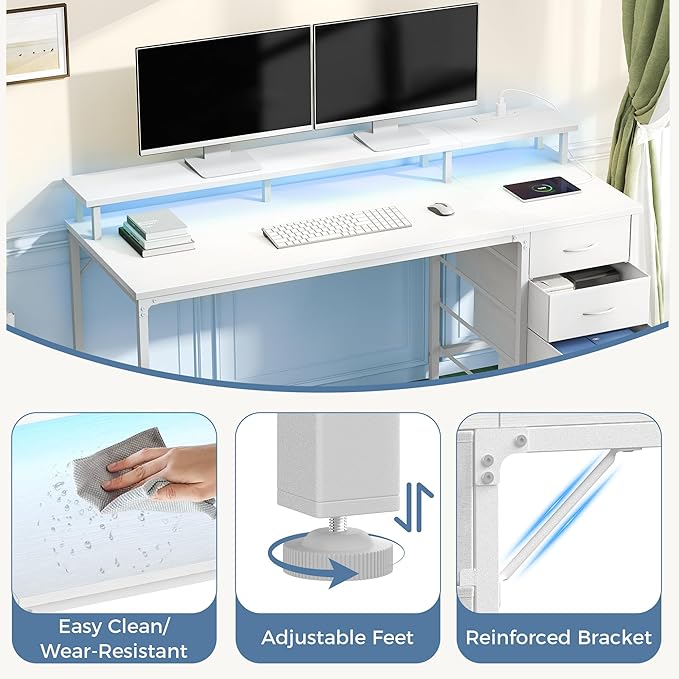 DUMOS 47 Inch Computer Desk with 4 Drawers4 Drawer Gaming Desk with with Power Outlets and LED LightsOffice Desk for Small Spaces with Monitor ShelfWriting Desk for Home OfficeBedroom StudyWhite