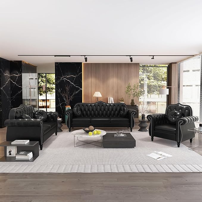 Accent Chair Modern Chesterfield Leather PU Living Room Armchair Mid-Century Modern Single Sofa Chair Upholstered Tufted Arm Chair with Pillow for Living Room Bedroom Office (Black)